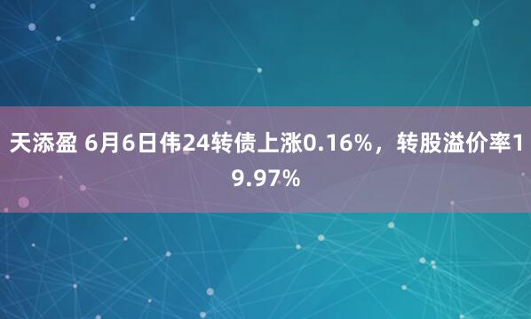 天添盈 6月6日伟24转债上涨0.16%，转股溢价率19.97%